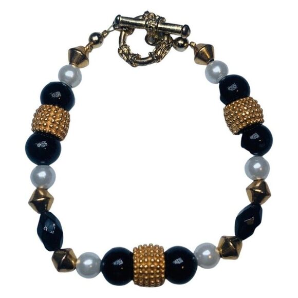 Womens White Pearl Black Beaded Vintage Gold Tone Tennis Bracelet 7.5” - Picture 1 of 6